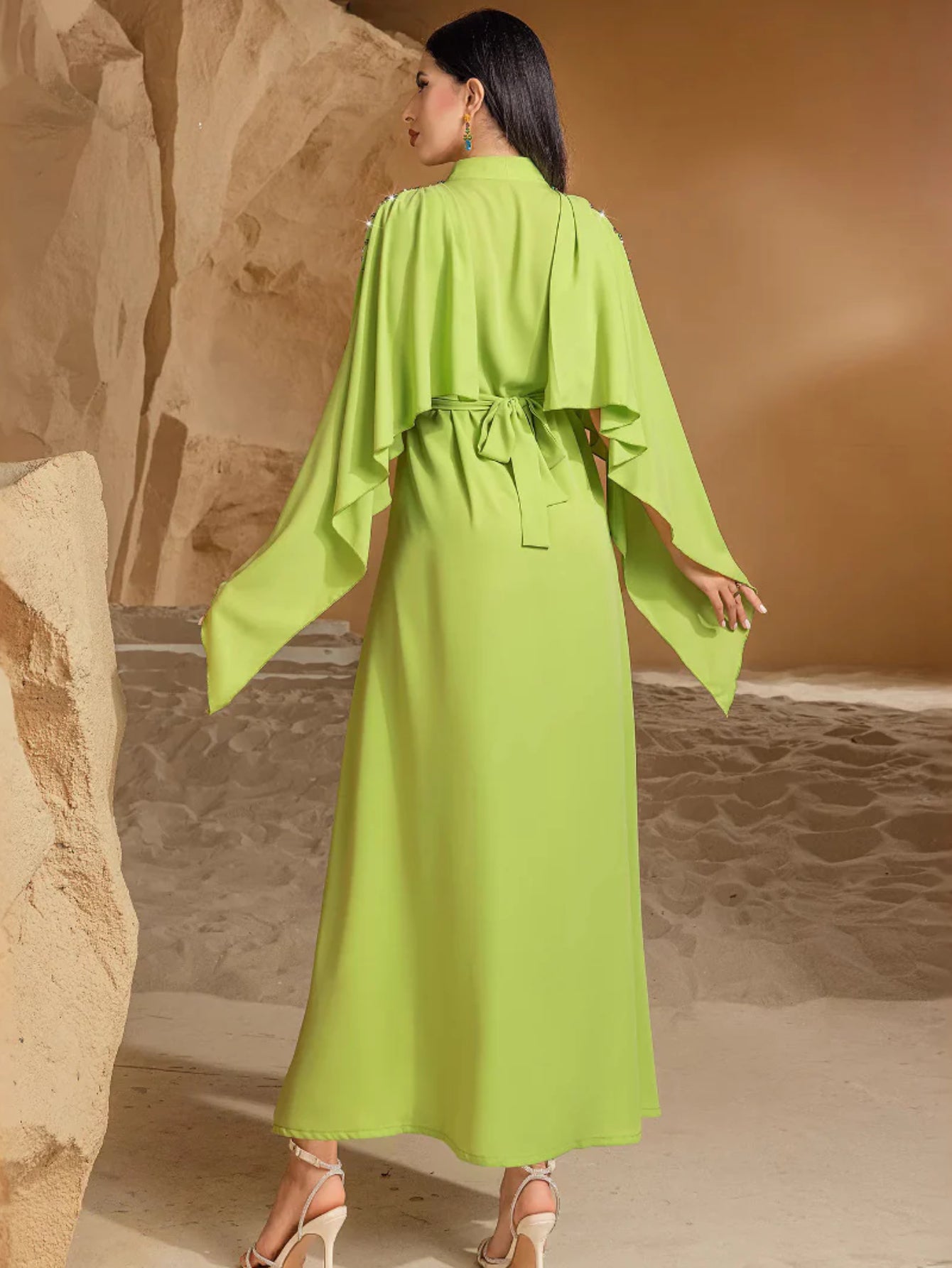 BA3080 fruit green semi-turtleneck shawl dress hand-sewn diamond middle east spot women's clothing