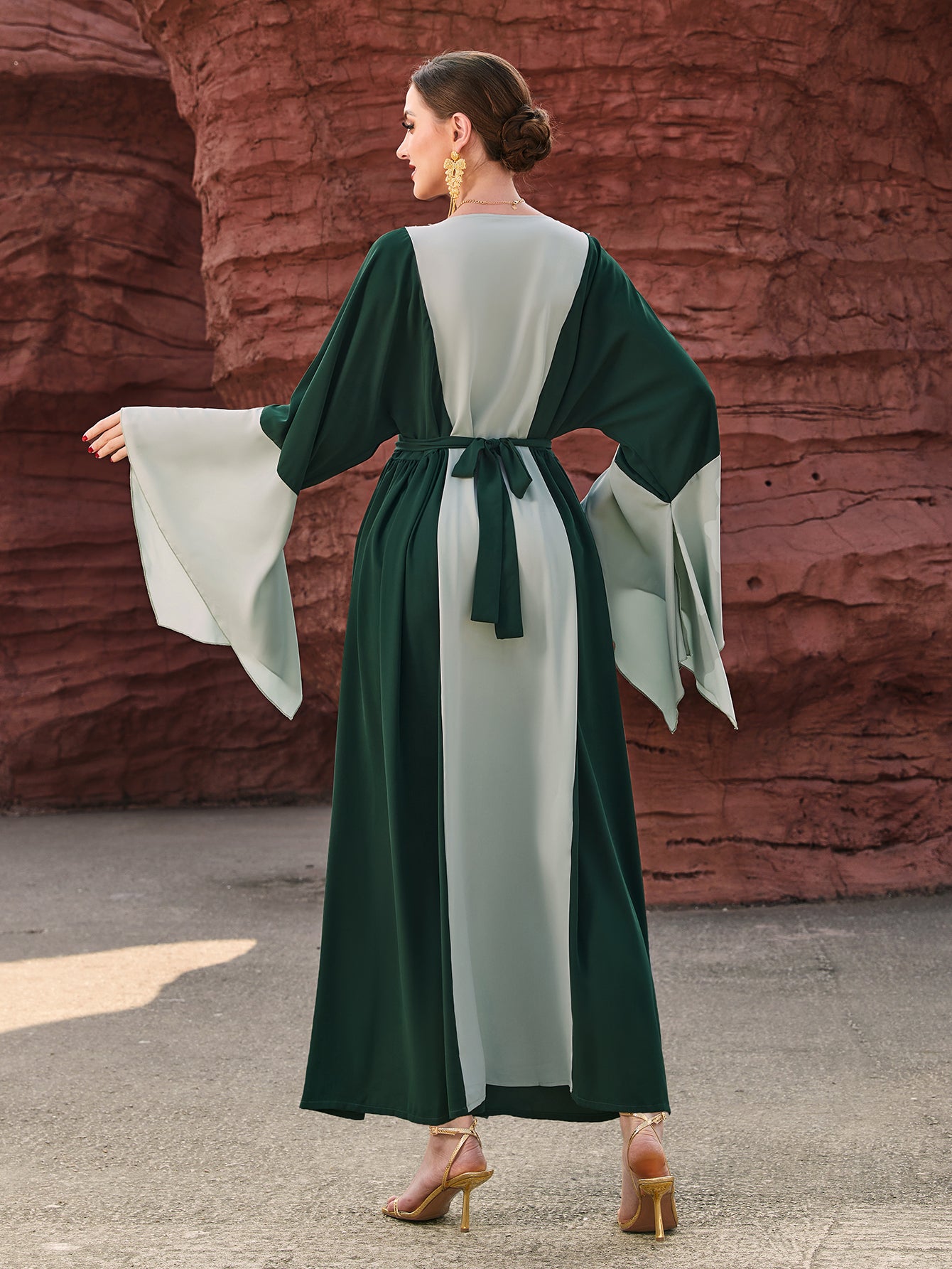 4119 Middle Eastern Style Green Light Green Colorblock Leaf Embroidered Belted Loose Sleeve Maxi Dress - Elegant Boho Decorated Gown