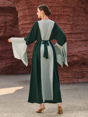 4119 Middle Eastern Style Green Light Green Colorblock Leaf Embroidered Belted Loose Sleeve Maxi Dress - Elegant Boho Decorated Gown