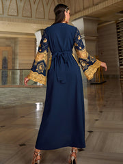 4146 Middle Eastern Style Navy Blue Gold Bead Embroidery Lace Tassel Decorated Long Sleeve Maxi Dress - Elegant Abaya Gown