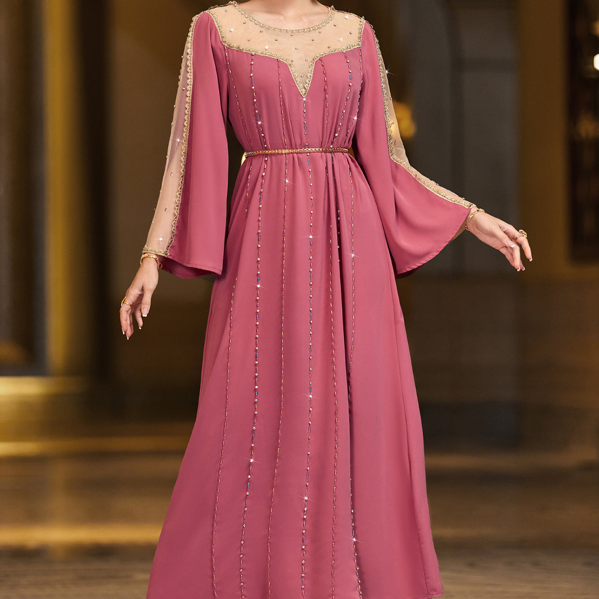 4045 Middle Eastern Style Pink Mesh-Trimmed Gold Sequin Flared Sleeve Maxi Dress - Elegant Sparkling Long Gown