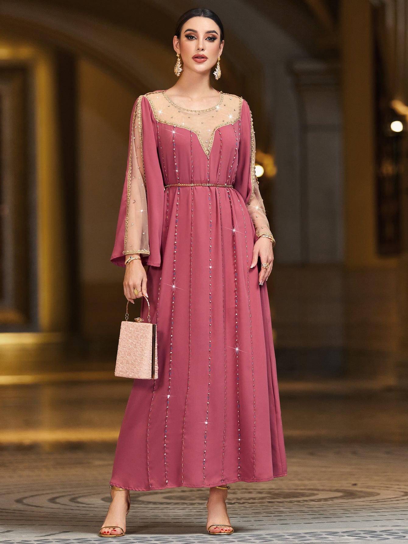 4045 Middle Eastern Style Pink Mesh-Trimmed Gold Sequin Flared Sleeve Maxi Dress - Elegant Sparkling Long Gown