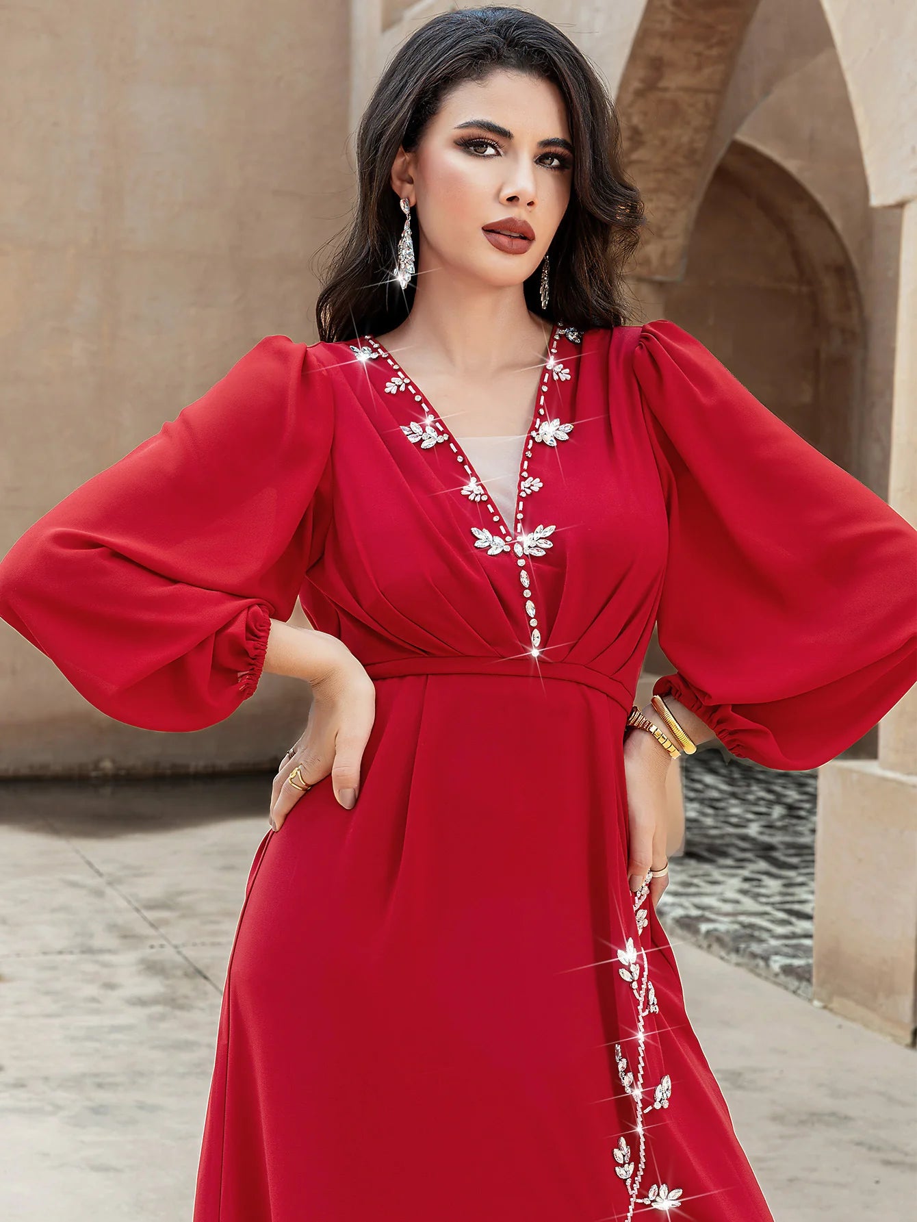 15175 Hot Sale New Hand Sewn Drilled Deep V Sexy Front Split Dress Middle East Fashion Spot Women