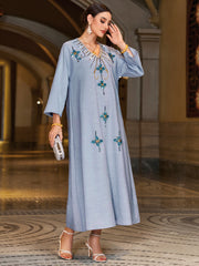 4140 Middle Eastern Style Light Blue Rhinestone Bead Embellished Bell Sleeves Maxi Dress - Elegant Decorated Abaya Gown