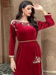 15164 burgundy velvet hand-sewn rhinestones and gold webbing dress long dress toasting dress
