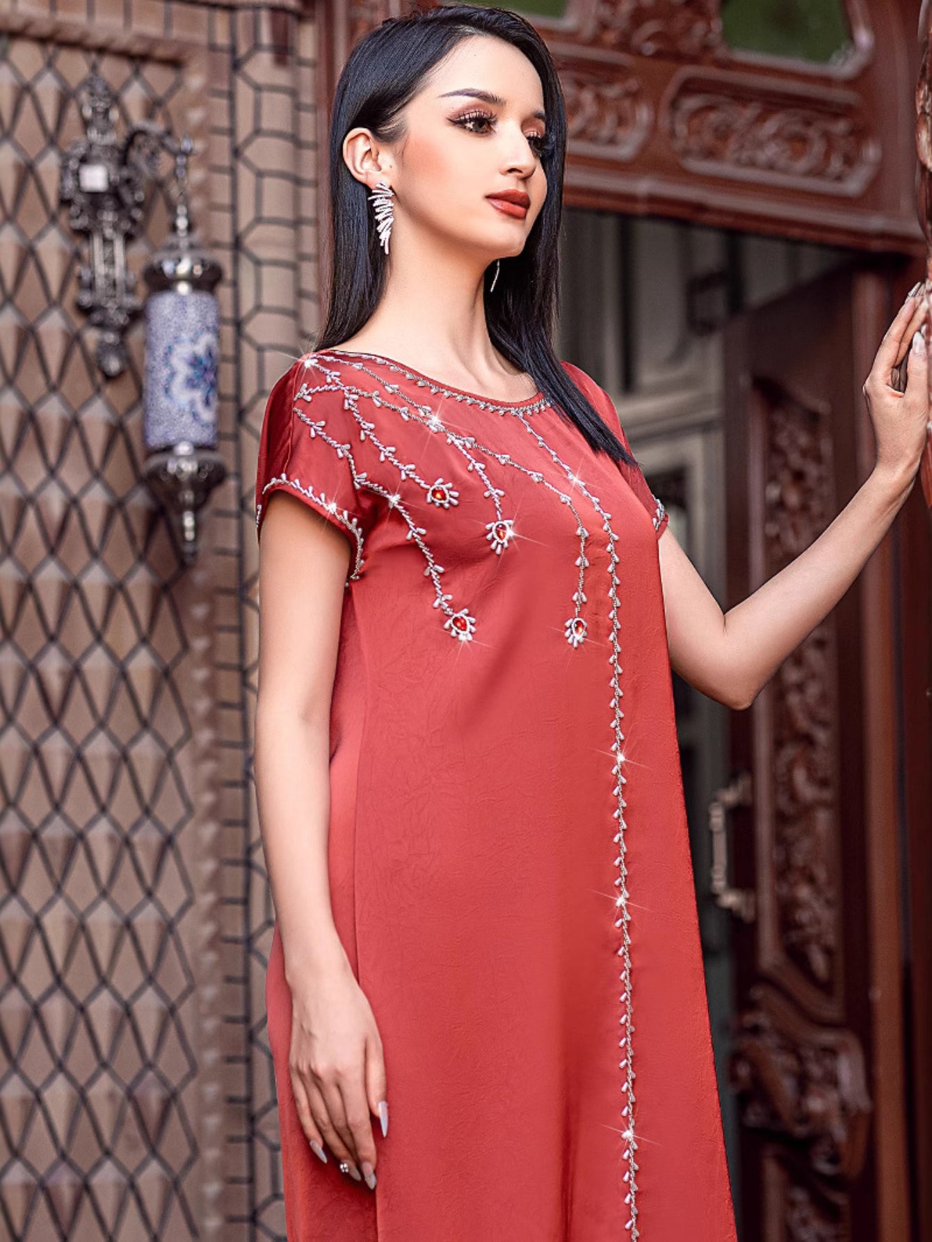 15234 Fashion Middle Eastern acetic acid surface embossed handmade nail drill dress long dress trendy robe