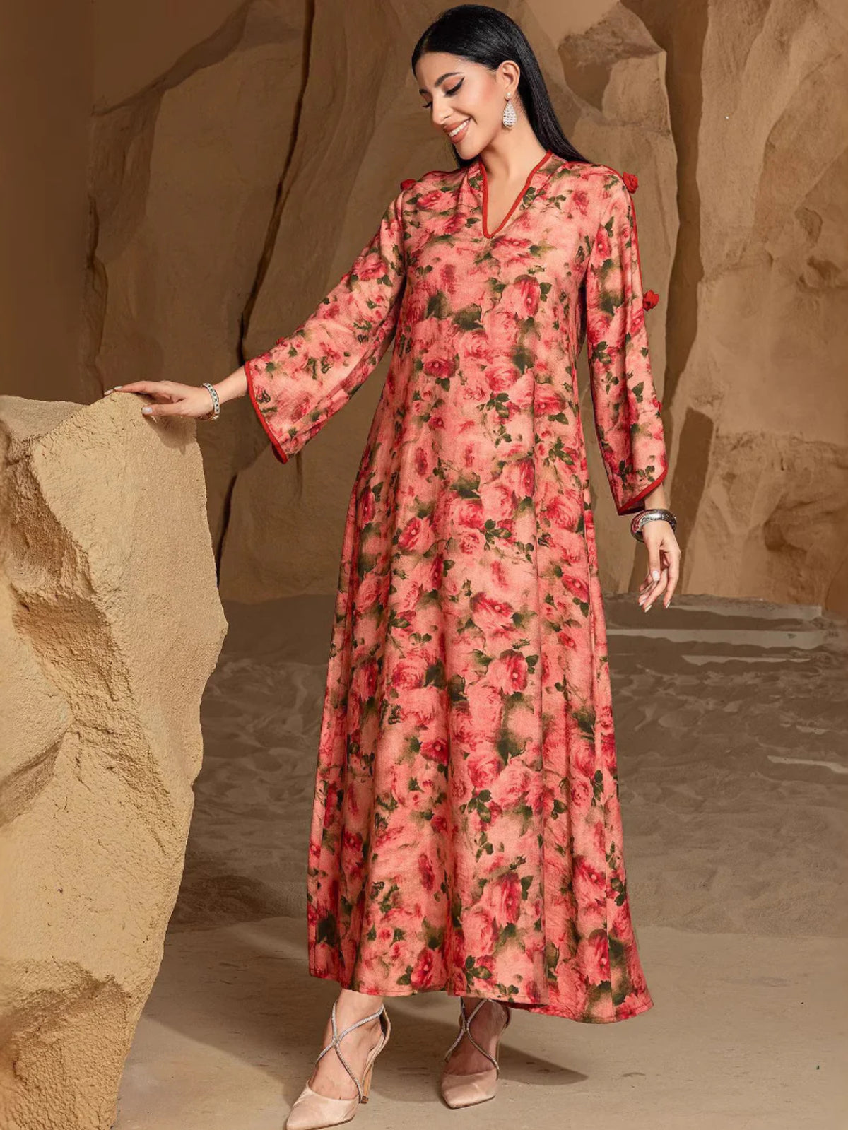 Orange Rose-Print Maxi Dress