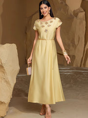 BA7030 New Champagne Waldorf Satin Heavy Industry Hand-sewn Diamond Short Sleeve Celebrity Style, Retro Dress