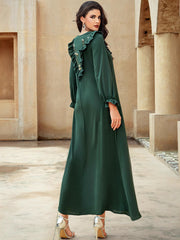 15153 dark green long-sleeved round neck ruffle edge hand-sewn bead large size clothing