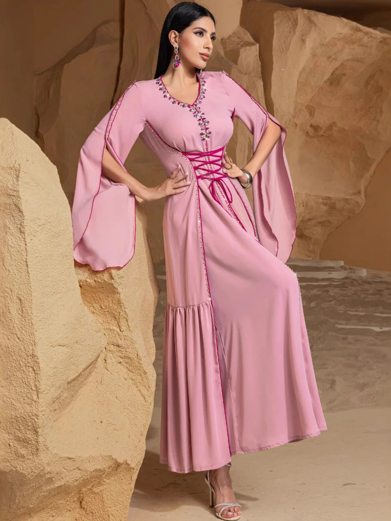 BA5039 Lace-Up Flared-Sleeve Dress