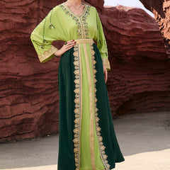 4099 Middle Eastern Style Green Dark Green Colorblock Gold Embroidered Belted Long Sleeve Maxi Dress - Elegant Contrast Decorated Gown