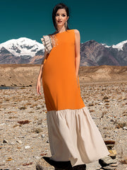 5238Arabic Orange Abaya Dress | Cream & Crystal Embroidered Gown for Special Occasions