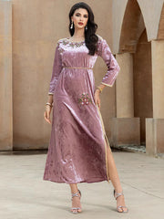 15164 lotus root pink velvet hand-sewn rhinestones and gold webbing dress, new toast dress