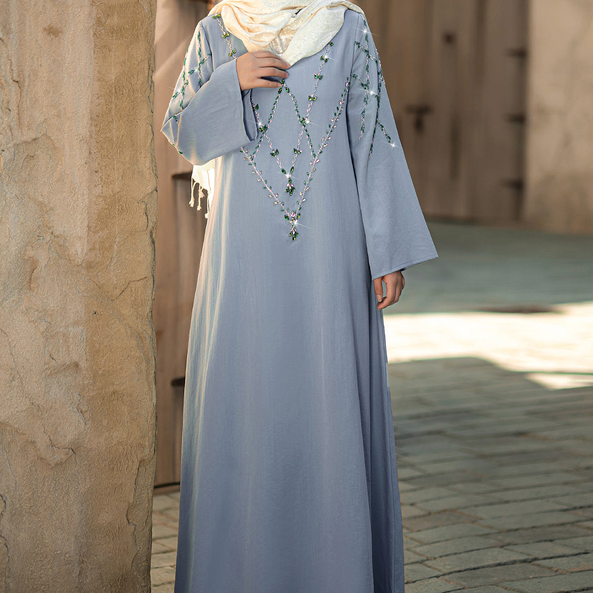 4124 Middle Eastern Style Light Blue Embroidered Loose Sleeve V-Neck Maxi Dress - Elegant Sparkling Decorated Gown