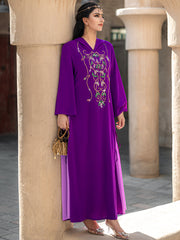 4008 Middle Eastern Style Purple Embroidered Hooded Maxi Dress - Sparkling Gold Green Decorated Long Gown