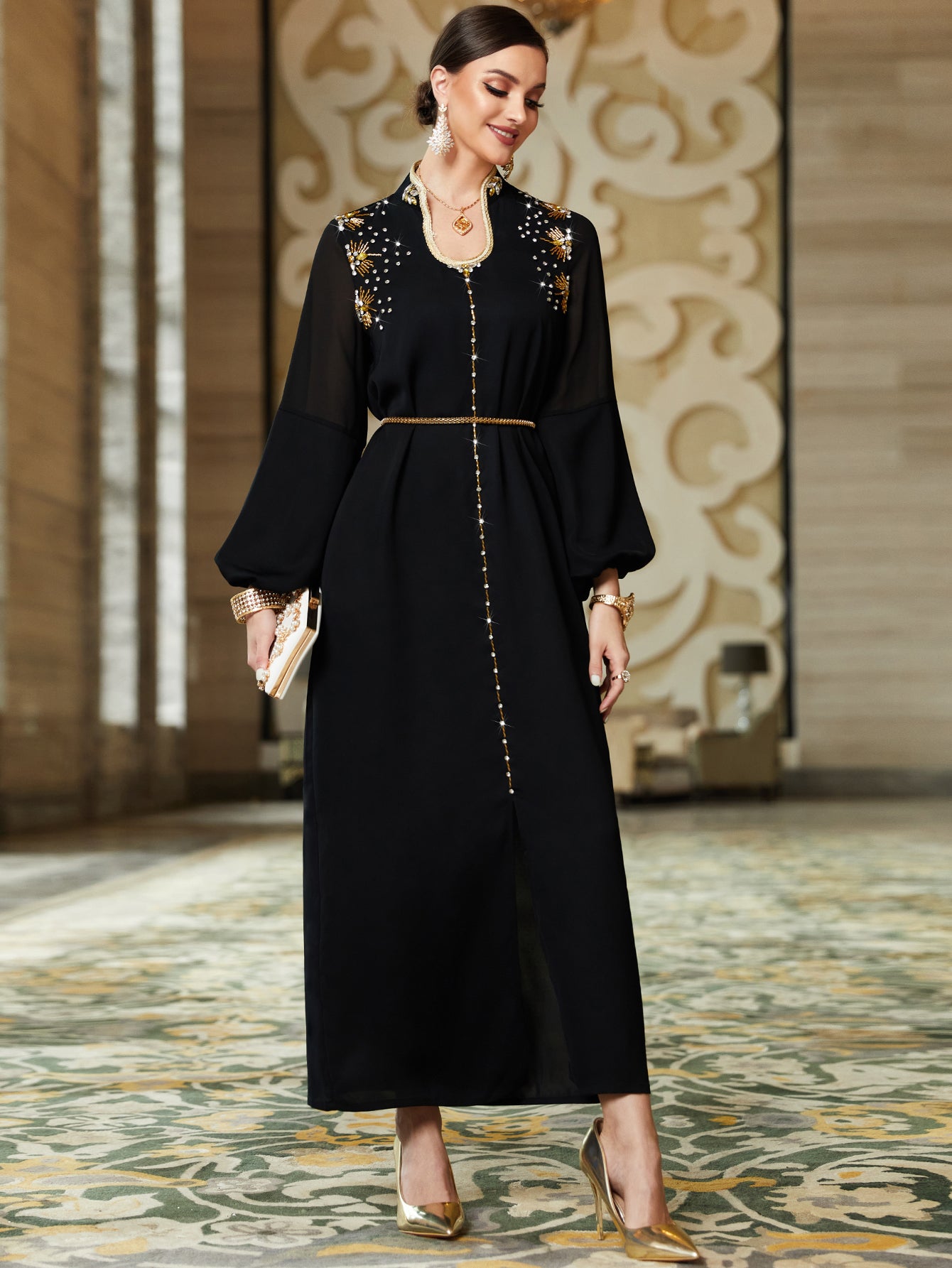 3132 Black Middle Eastern Style Embroidered Sequins Lantern Sleeve Maxi Dress - Elegant Gold Decorated Long Dress