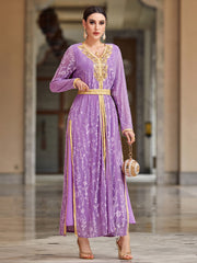 4031 Middle Eastern Style Purple Gold Embroidered Long Sleeve Maxi Dress - Elegant Belted Floral Pattern Gown