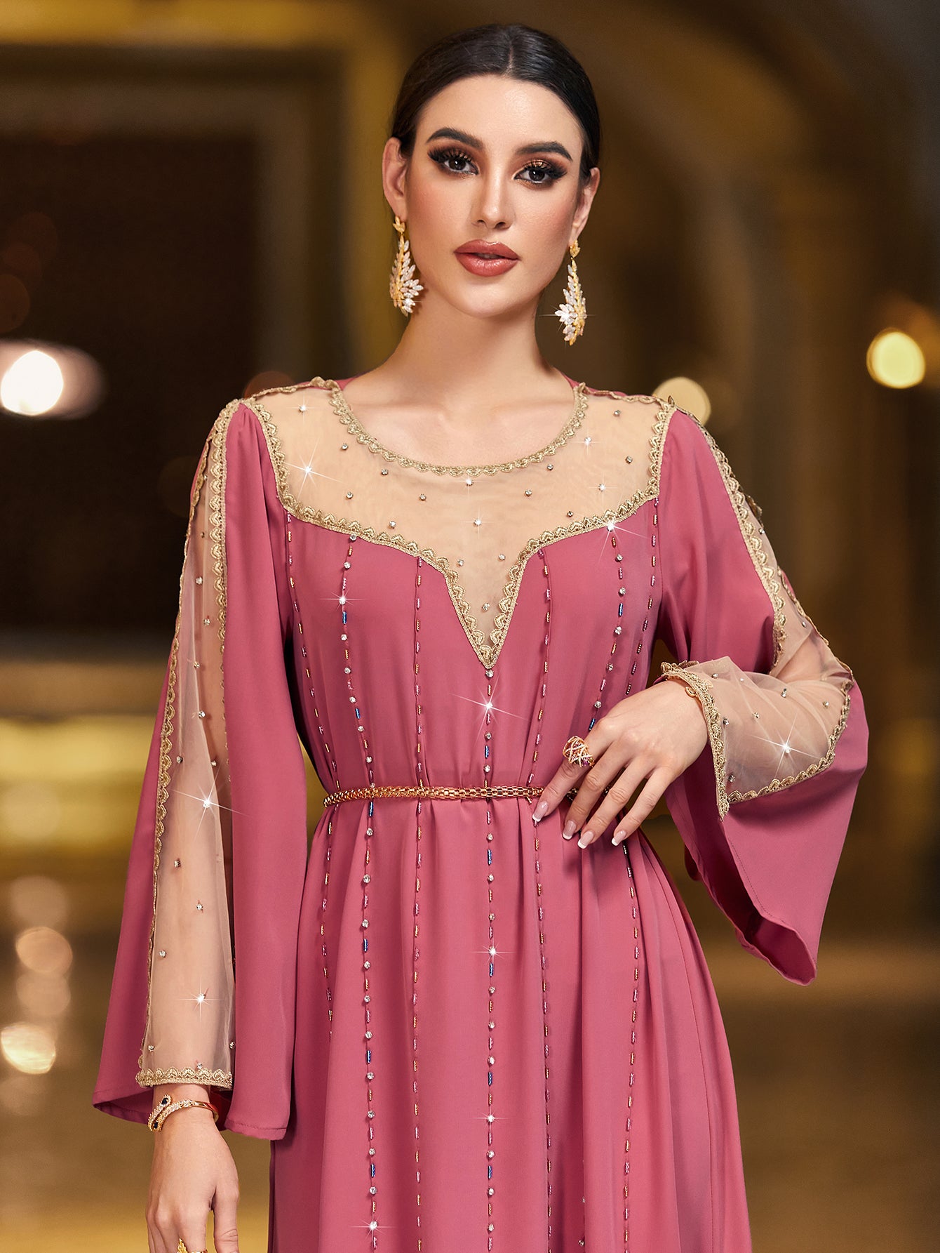 4045 Middle Eastern Style Pink Mesh-Trimmed Gold Sequin Flared Sleeve Maxi Dress - Elegant Sparkling Long Gown