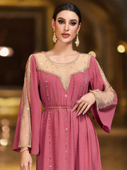 4045 Middle Eastern Style Pink Mesh-Trimmed Gold Sequin Flared Sleeve Maxi Dress - Elegant Sparkling Long Gown