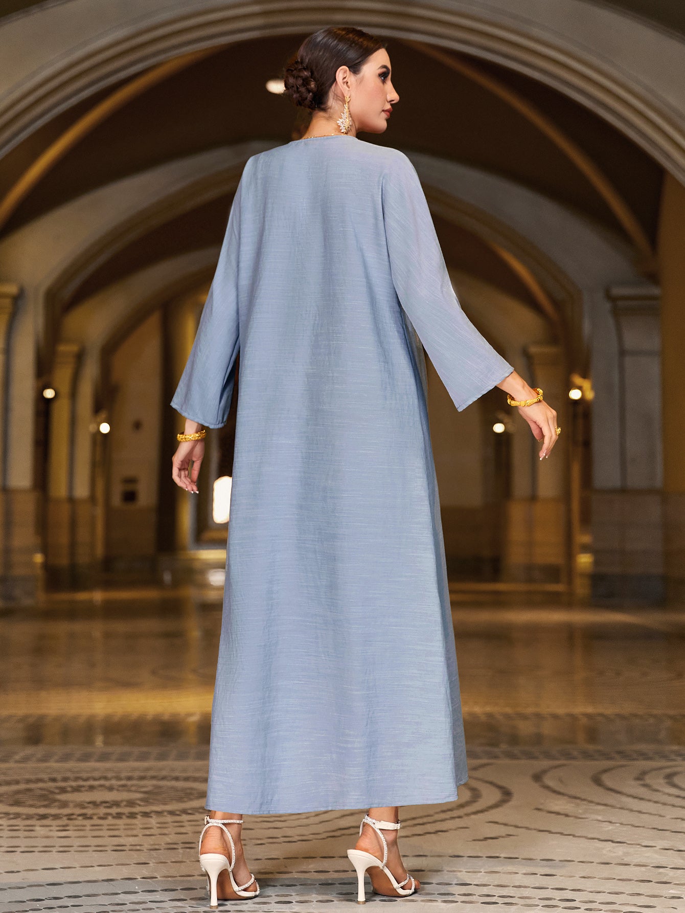 4140 Middle Eastern Style Light Blue Rhinestone Bead Embellished Bell Sleeves Maxi Dress - Elegant Decorated Abaya Gown