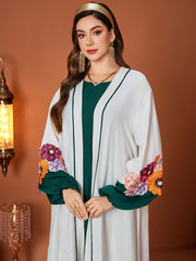 5252Arabic Two-Piece Set | Emerald Inner Dress + White Gold-Embroidered Abaya for Evening Elegance