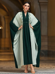 4027 Middle Eastern Style Green Contrast Embellished Maxi Dress - Elegant Flowing Cape Sleeve Gown