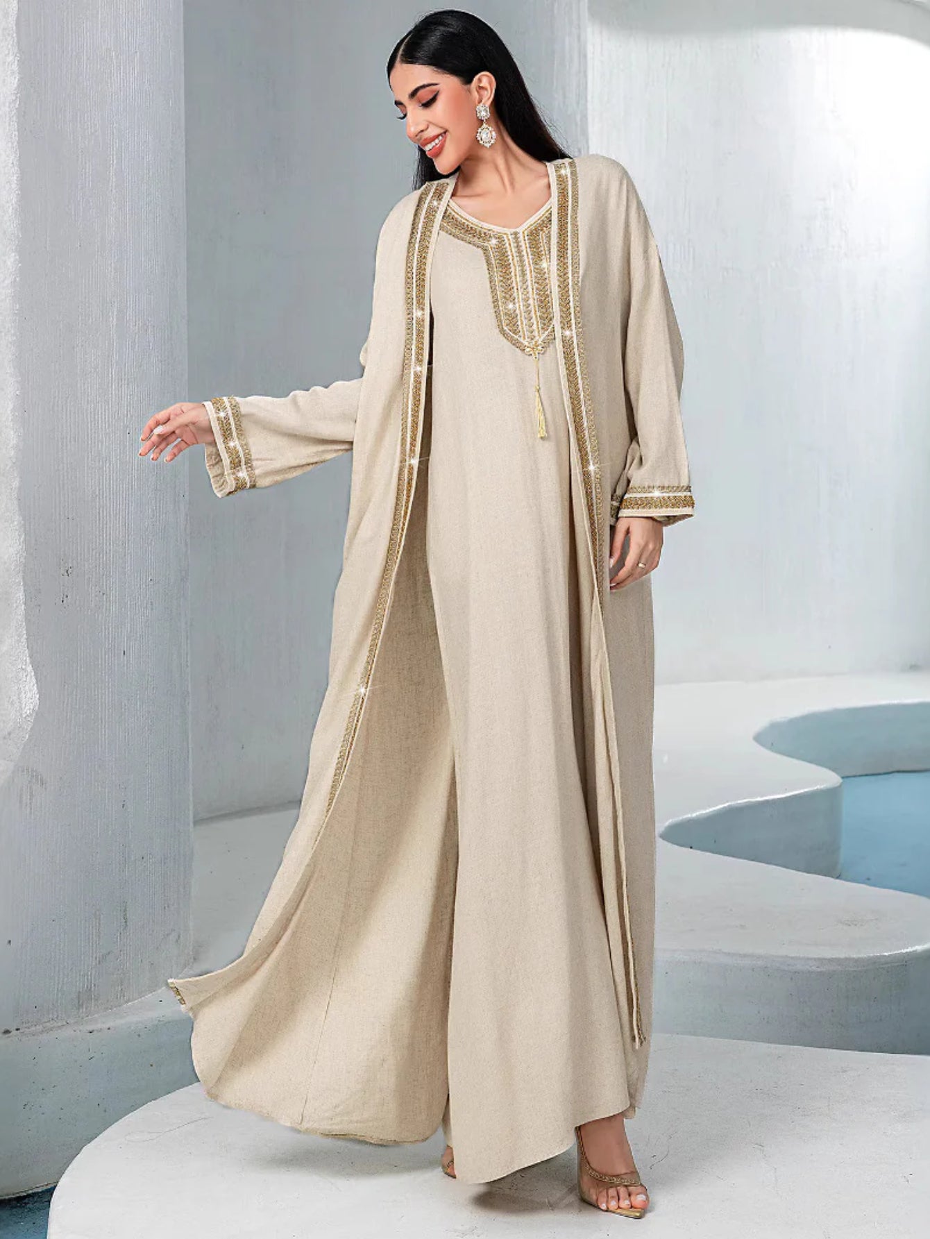 15051m bead embroidered linen two-piece set new fashion dress middle east women's clothing