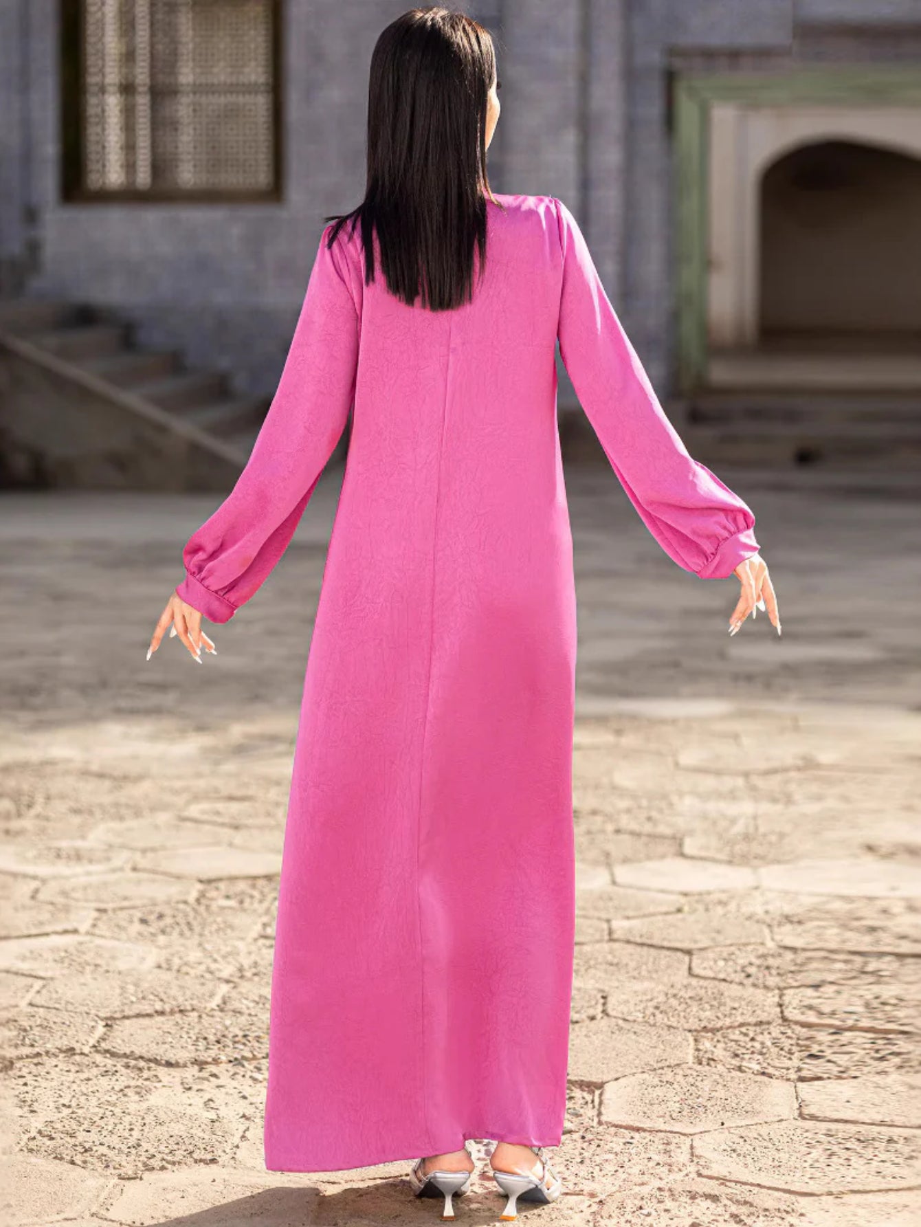 15203 four-season hand-sewn diamond new fashionable loose solid color lantern sleeve dress