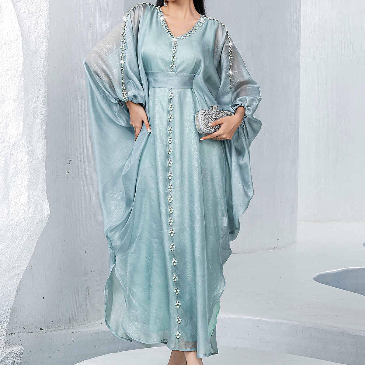 15168 Middle Eastern Style Light Green Bead Embellished Loose Sleeves Belted Maxi Dress - Elegant Decorated Abaya Gown