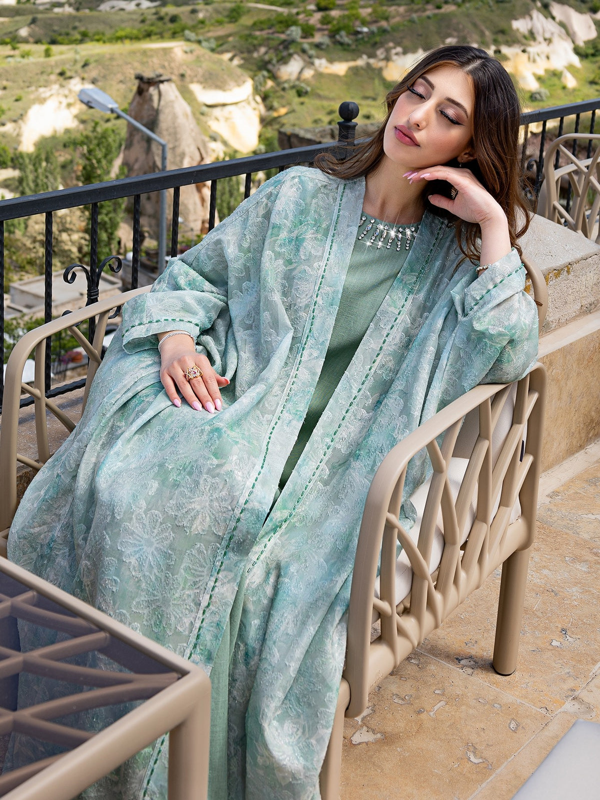 15042 Vintage Elegant Abaya   | Light Green Floral Body, Diamond and Bead Edges Show Style