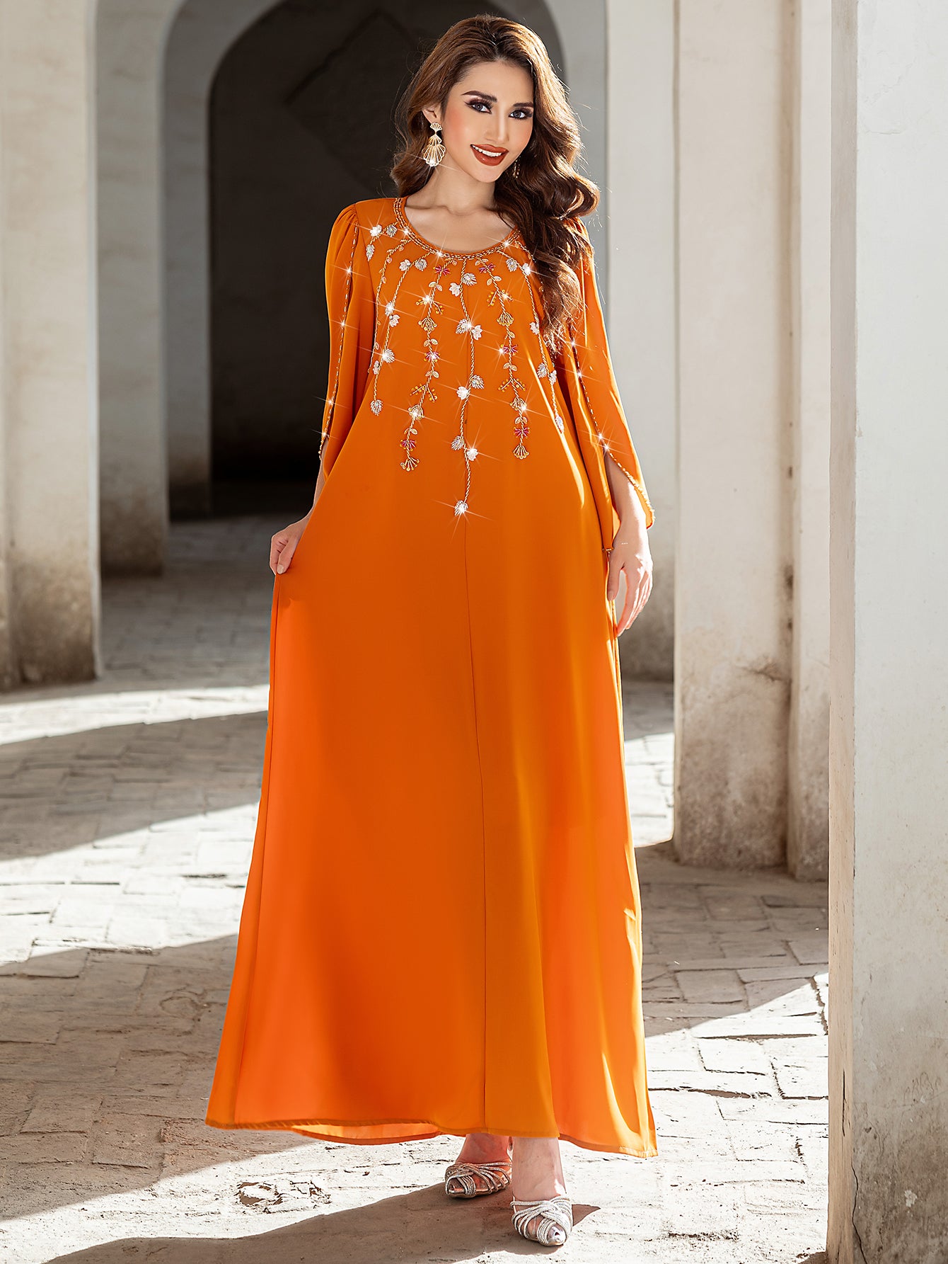 5204 Sunset Orange Arabic Abaya Dress | Round Neck Beaded Gown with Bell Sleeves & Intricate Embroidery