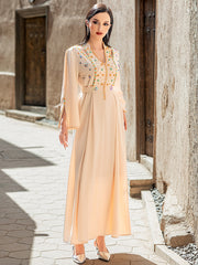 5207Arabic Beige Abaya Dress | V-Neck Crystal & Embroidery Evening Gown