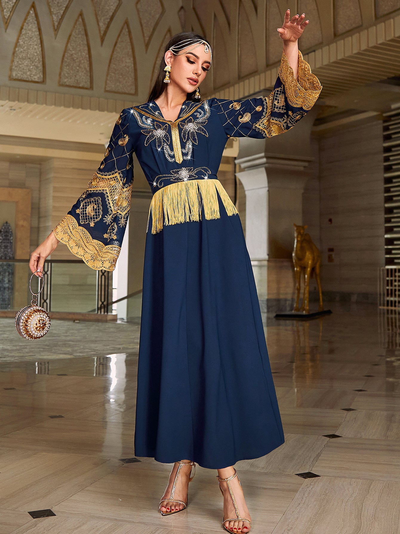 4146 Middle Eastern Style Navy Blue Gold Bead Embroidery Lace Tassel Decorated Long Sleeve Maxi Dress - Elegant Abaya Gown