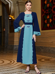 3051 contrasting color splicing! Middlewind horn sleeve diamond-encrusted long slim-fit dress
