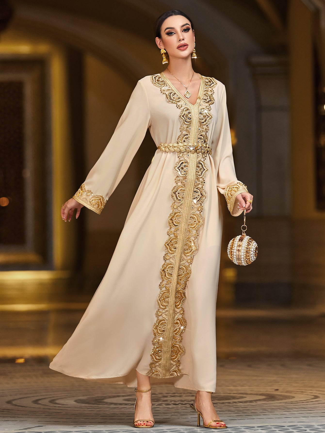 4093 Middle Eastern Style Beige Gold Embroidered Long Sleeve Belted Maxi Dress - Elegant Ornate Decorated Gown