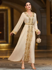4093 Middle Eastern Style Beige Gold Embroidered Long Sleeve Belted Maxi Dress - Elegant Ornate Decorated Gown