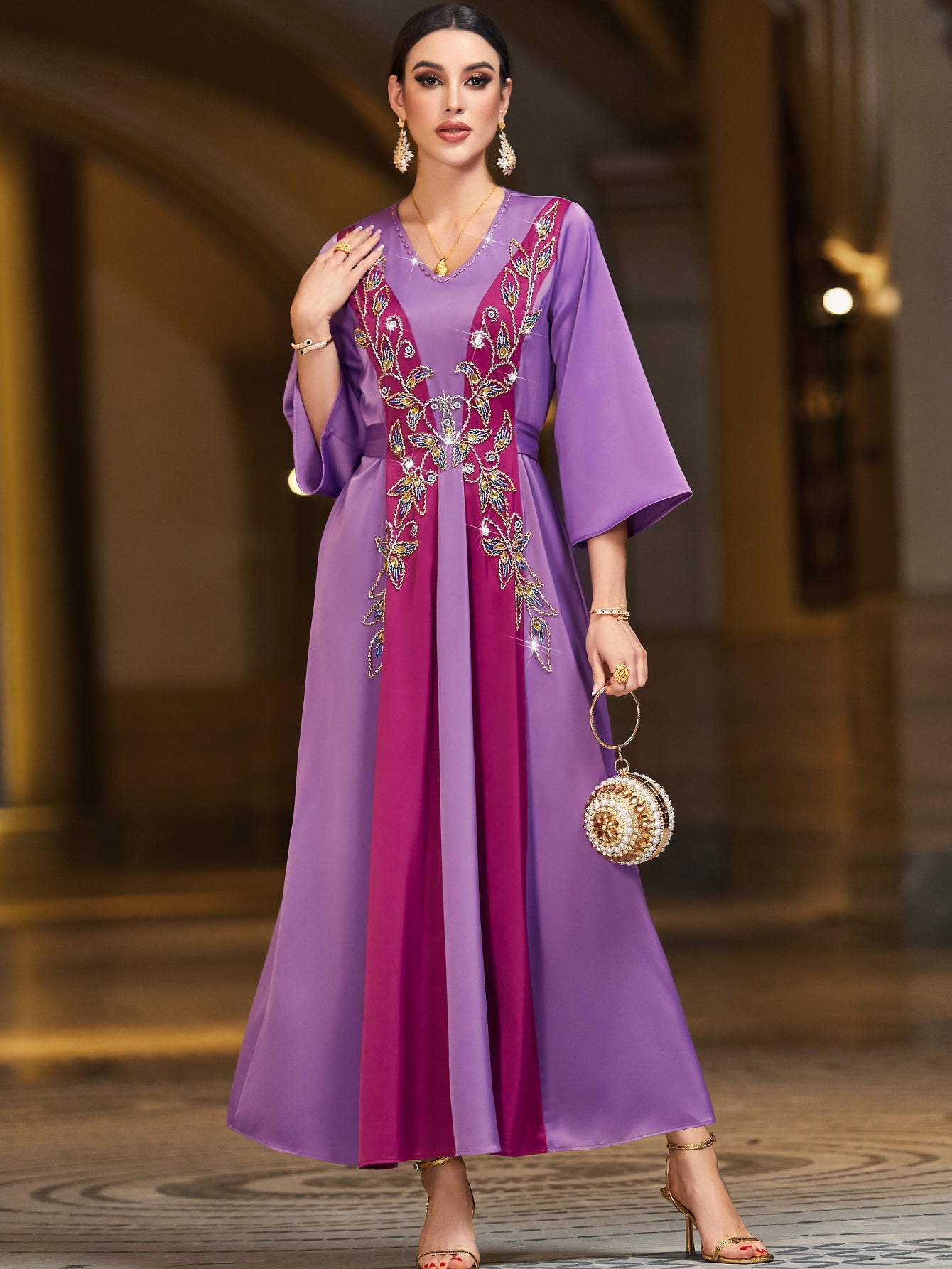4060 Middle Eastern Style Purple Pink Contrast Embroidered Sequin 3/4 Sleeves Maxi Dress - Elegant Floral Decorated Long Gown