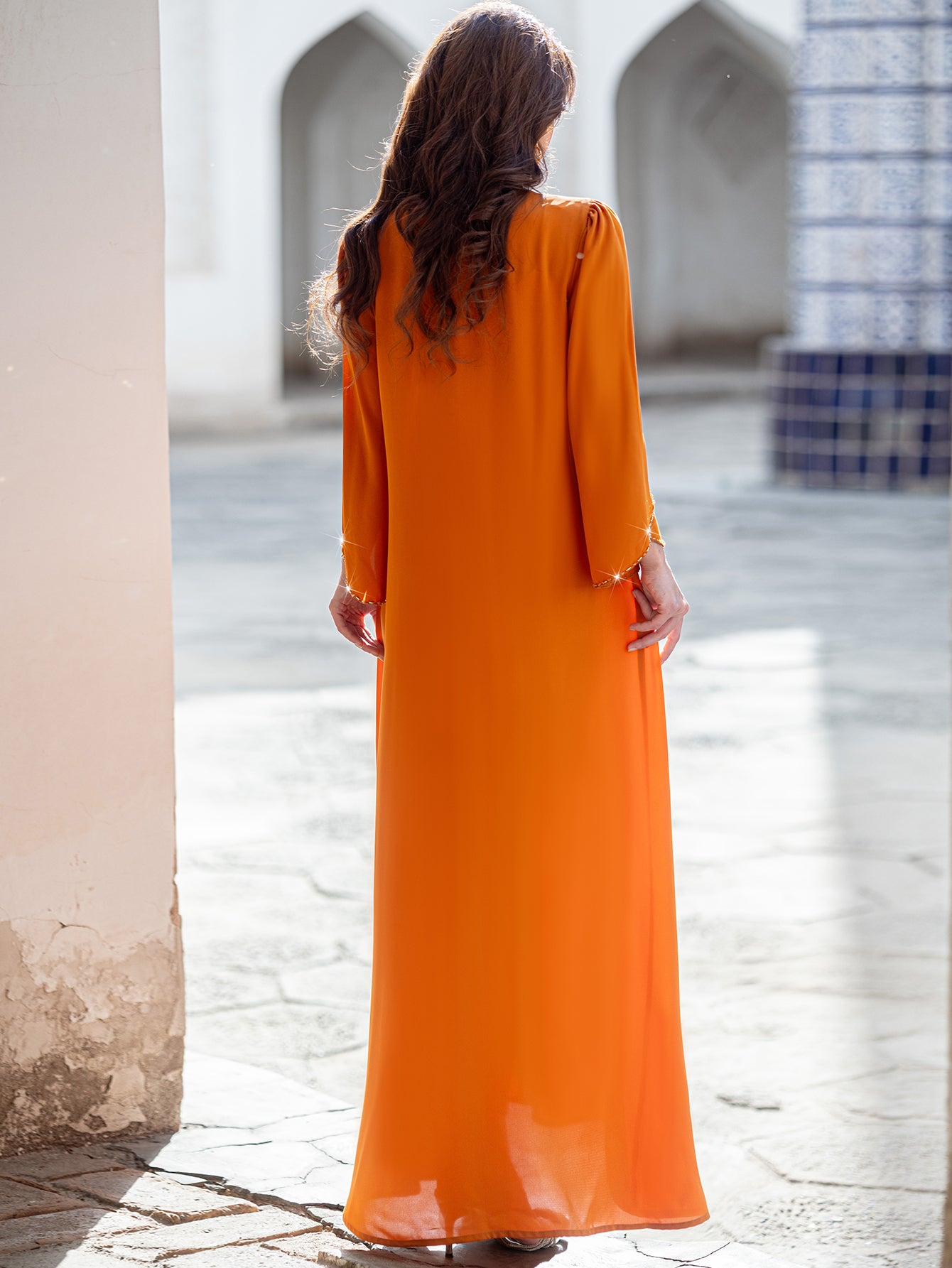 5204 Sunset Orange Arabic Abaya Dress | Round Neck Beaded Gown with Bell Sleeves & Intricate Embroidery