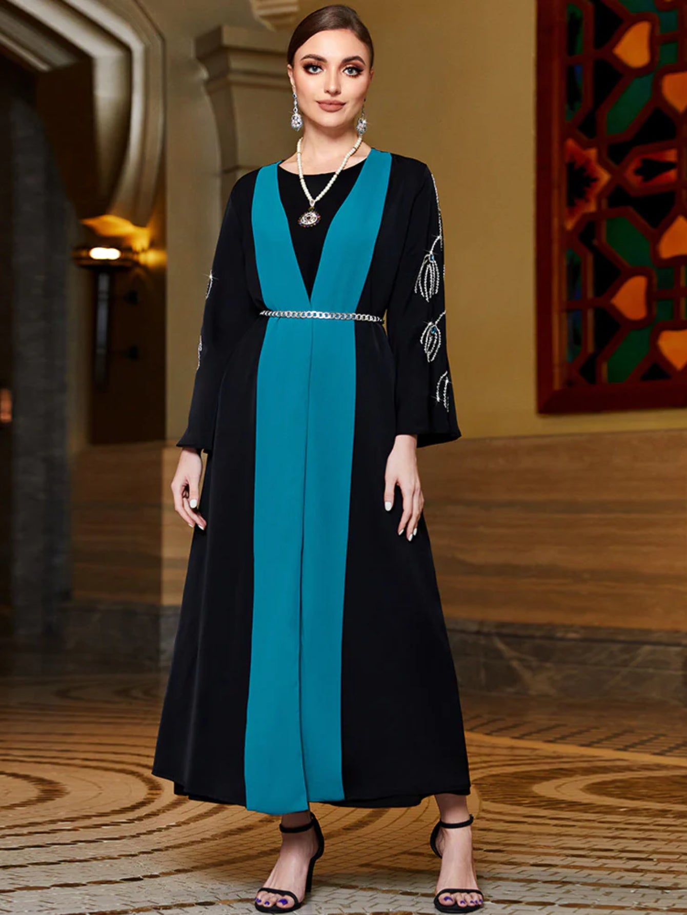 3006 Modern Black-Turquoise Color-Block Abaya Dress | Unique Tailoring & Beaded Details, Lead Fashion Trends