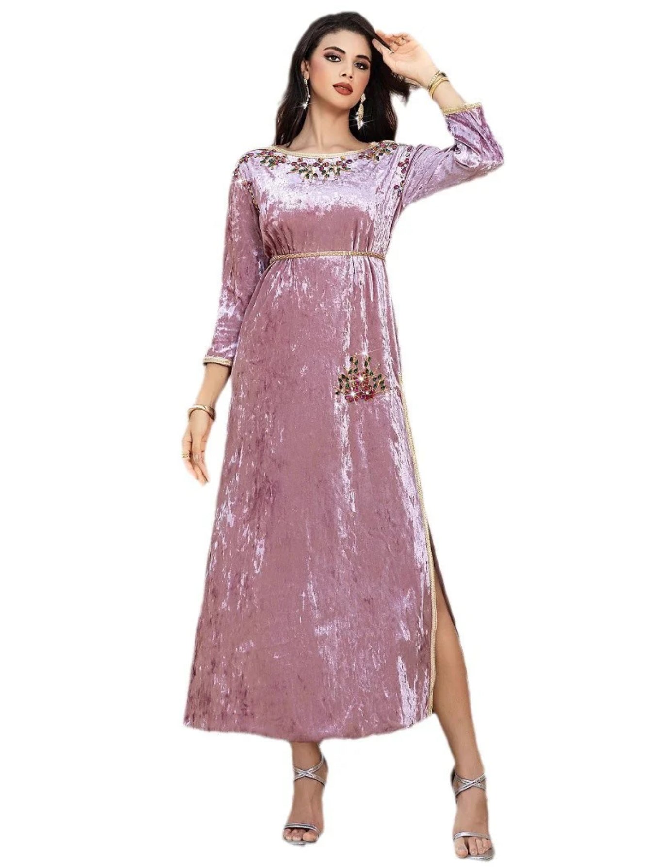 15164 lotus root pink velvet hand-sewn rhinestones and gold webbing dress, new toast dress