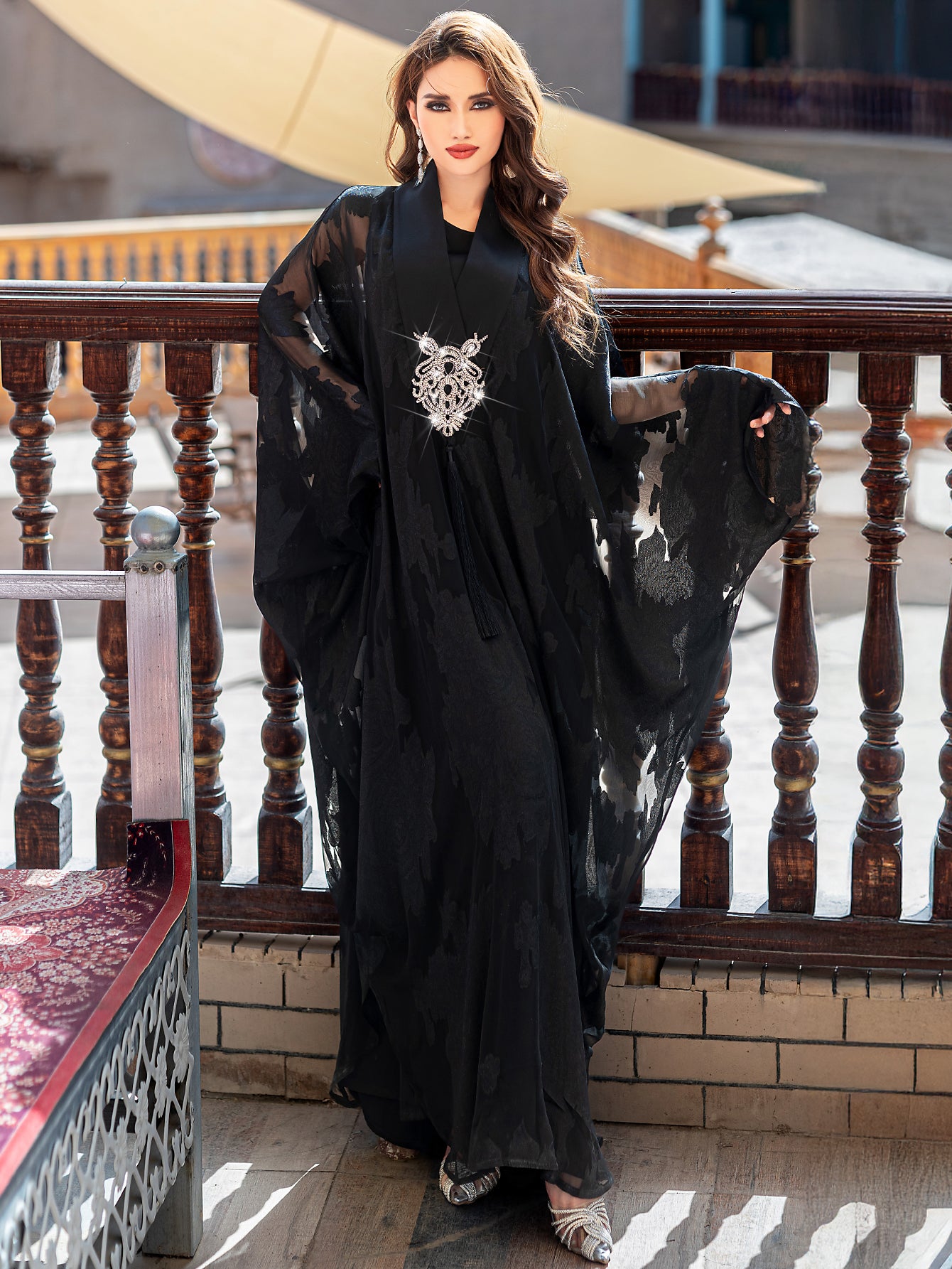 5212Black Arabic Abaya Dress | V-Neck Crystal Beaded Evening Gown with Pearl Embroidery & Bell Sleeves