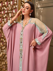 4132 Middle Eastern Style Pink Colorblock Shoulder Mesh Rhinestone Bead Embellished Loose Maxi Dress - Elegant Decorated Abaya Gown