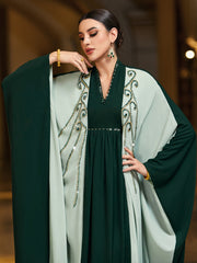 4027 Middle Eastern Style Green Contrast Embellished Maxi Dress - Elegant Flowing Cape Sleeve Gown