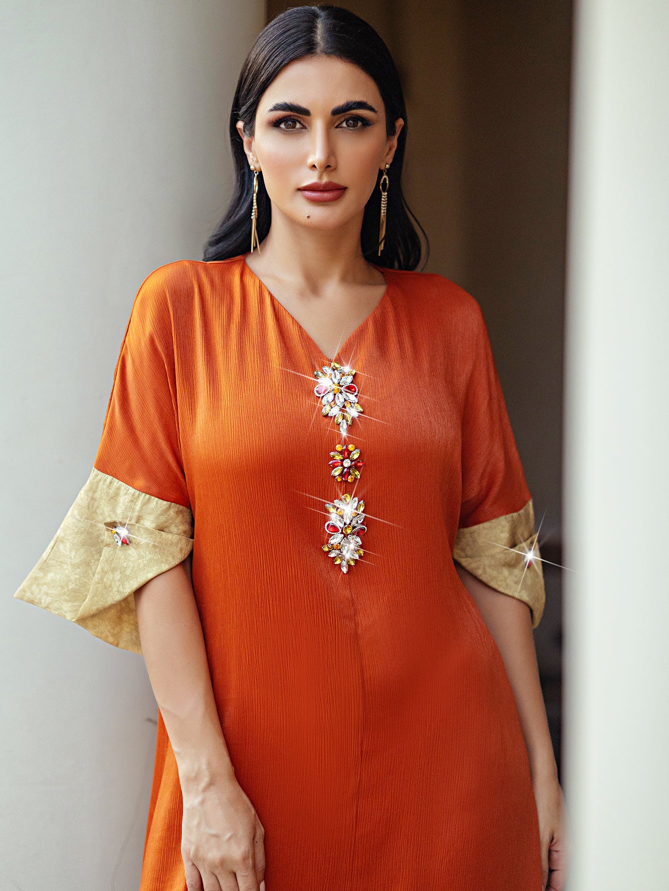 5060Arabic Abaya Dress | Orange Gold-Embroidered V-Neck Gown for Special Occasions