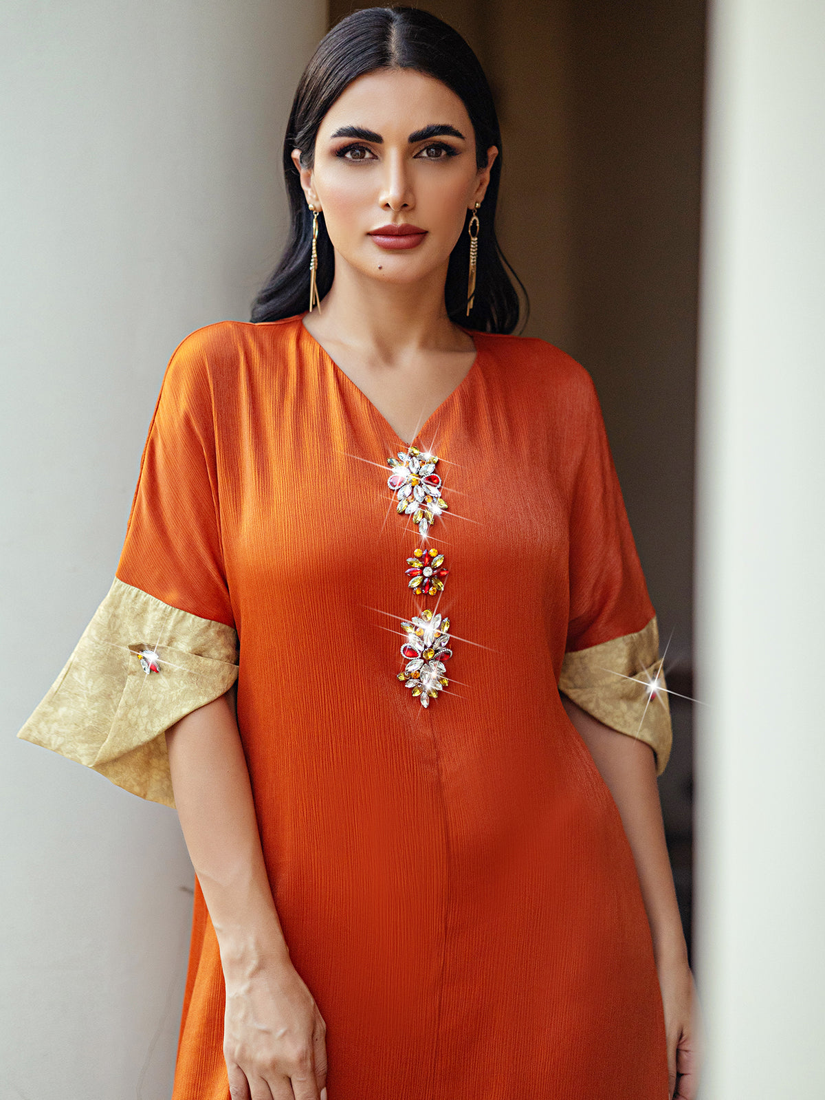 5060Arabic Abaya Dress | Orange Gold-Embroidered V-Neck Gown for Special Occasions