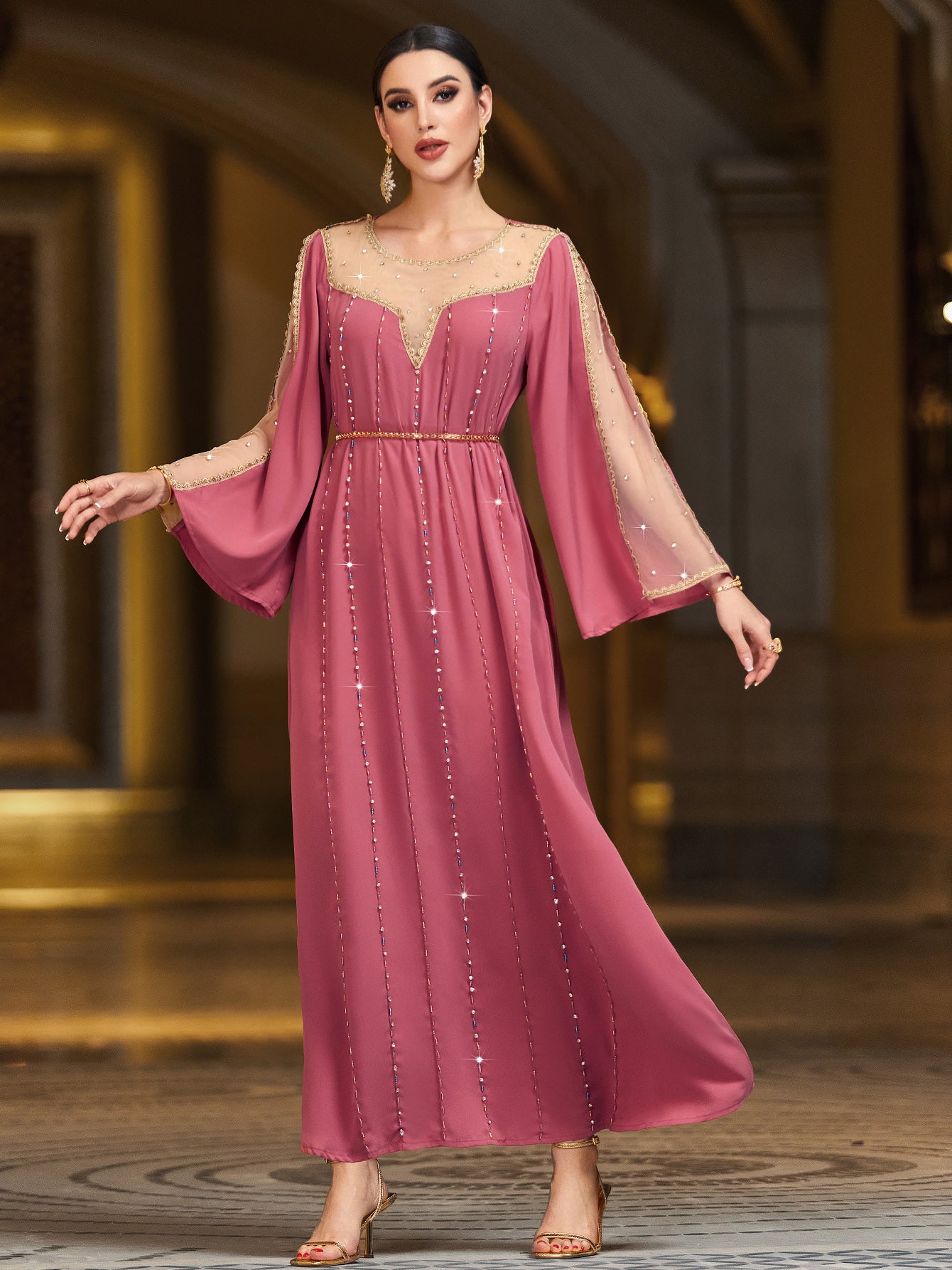 4045 Middle Eastern Style Pink Mesh-Trimmed Gold Sequin Flared Sleeve Maxi Dress - Elegant Sparkling Long Gown