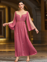 4045 Middle Eastern Style Pink Mesh-Trimmed Gold Sequin Flared Sleeve Maxi Dress - Elegant Sparkling Long Gown
