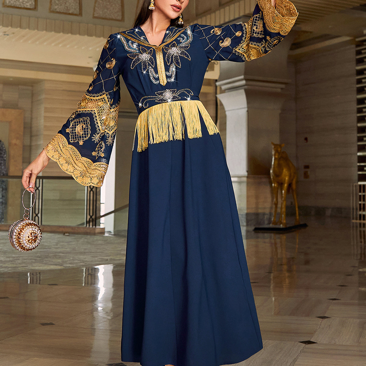 4146 Middle Eastern Style Navy Blue Gold Bead Embroidery Lace Tassel Decorated Long Sleeve Maxi Dress - Elegant Abaya Gown