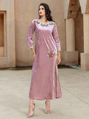 15164 lotus root pink velvet hand-sewn rhinestones and gold webbing dress, new toast dress