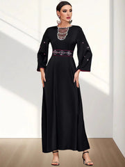 BA4062 Black Satin Splicing Mesh Hollow Collar Rhinestone Dress Robe